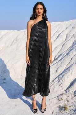 Dash And Dot Black Shimmer One-Shoulder Maxi Dress