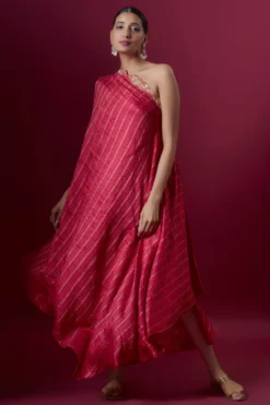 Deep Thee Red Silk Embroidered One-Shoulder Dress