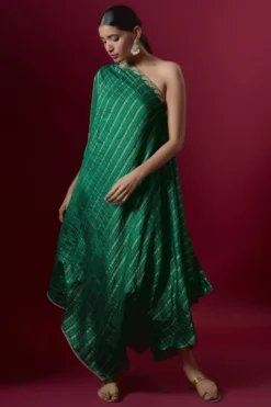 Deep Thee Emerald Green Silk Embroidered One-Shoulder Dress
