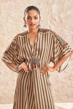 Aditi Somani Beige Modal Satin Printed & Embroidered Overlay Dress -AOZA Wear Style Shop DITC032304 3