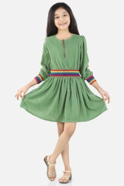Fairies Forever Grass Green Embroidered Dress For Girls