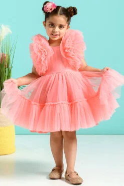 Free Sparrow Peach-Pink Ruffled Dress For Girls