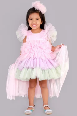 Free Sparrow Electric Lavender & Pista Green Tiered Dress For Girls