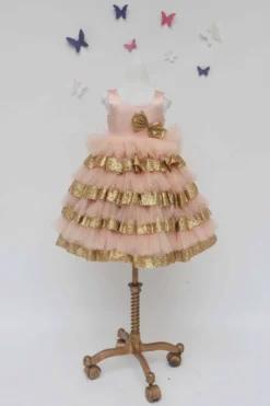 Fayon Kids Peach Multi Layered Dress With Bow For Girls