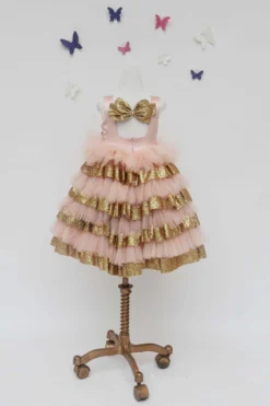 Fayon Kids Peach Multi Layered Dress With Bow For Girls -AOZA Wear Style Shop FYKC082133 4