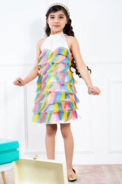 Hoity Moppet Multi-Colored Crepe Tasseled Dress For Girls