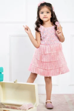 Hoity Moppet Light Pink Tulle Tasseled Dress For Girls