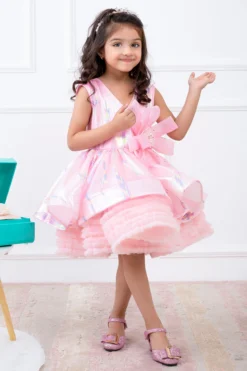 Hoity Moppet Pink Organza Flared Dress For Girls