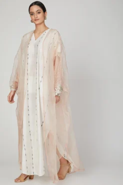 Lavender White Embroidered Kaftan With Dress