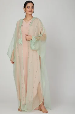 Lavender Pink Embroidered Kaftan With Dress