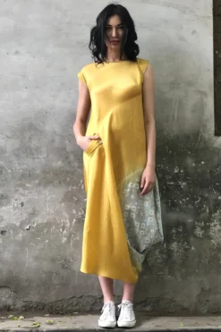 I AM DESIGN Mustard & Mint Blue Printed Cowl Kurta Dress