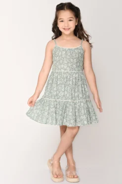 Jade Garden Green Cotton Tiered Dress For Girls