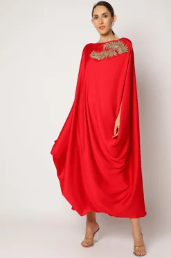 July Red Embroidered Off-Shoulder Draped Dress