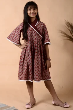 KALP Maroon Floral Printed Dress For Girls