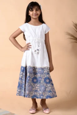 KALP White Block Printed Dress For Girls