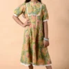 KALP Leaf Green Floral Printed Kalidar Dress For Girls