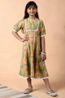 KALP Leaf Green Floral Printed Kalidar Dress For Girls