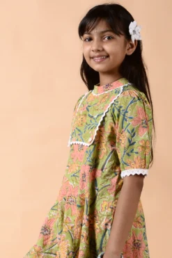 KALP Leaf Green Floral Printed Kalidar Dress For Girls -AOZA Wear Style Shop KALPK042243 3
