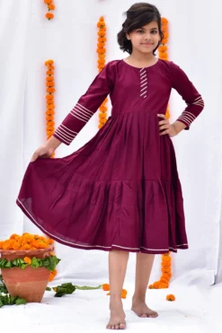 KALP Wine Cotton Tiered Dress For Girls