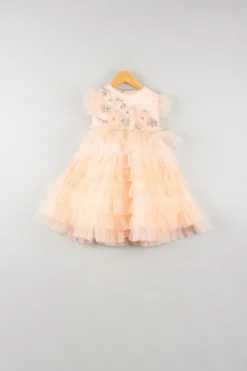 Kidilicious Peach Floral Embroidered Dress For Girls