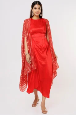 Komal Shah Red Satin Midi Dress With Cape