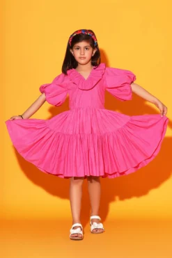 LittleCheer Pink Cotton Poplin Gathered Dress For Girls