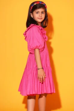 LittleCheer Pink Cotton Poplin Gathered Dress For Girls -AOZA Wear Style Shop LITCH042306 3