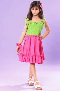 LittleCheer Green & Pink Cotton Poplin Dress For Girls