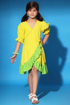 LittleCheer Yellow Cotton Poplin Overlap Dress For Girls