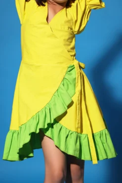 LittleCheer Yellow Cotton Poplin Overlap Dress For Girls -AOZA Wear Style Shop LITCH042312 3