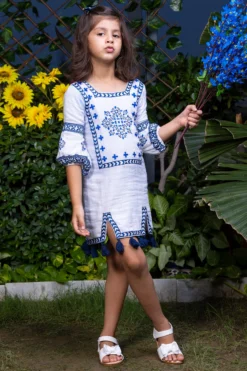 LittleCheer White Cotton Slub Dress For Girls