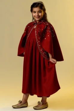 Littleens Maroon Embroidered Jacket Dress For Girls
