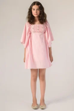 Littleens Pink Cotton Hand-Embroidered Dress For Girls