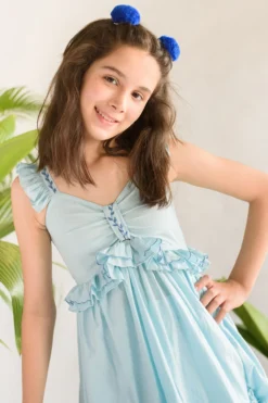 Littleens Ice Blue Embroidered Ruffled Dress For Girls -AOZA Wear Style Shop LITL032211 3