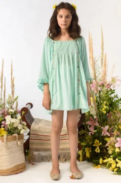 Littleens Sea Green Embroidered Dress For Girls