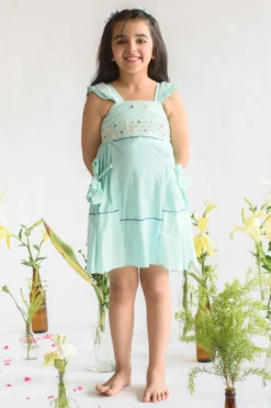 Littleens Sea Green Embroidered A-Line Dress For Girls