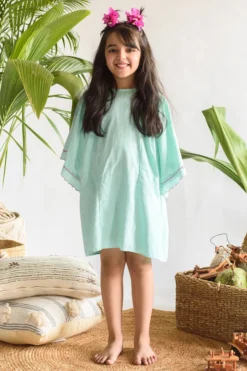 Littleens Sea Green Paneled Dress For Girls