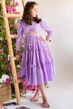 Littleens Lilac Embroidered Tiered Dress For Girls