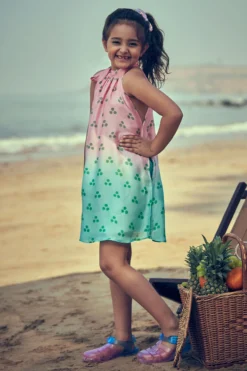 Little Luxury Pink & Aqua Viscose Ombre Dress Set For Girls