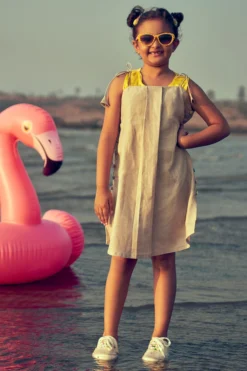 Little Luxury Khaki Linen Dress For Girls