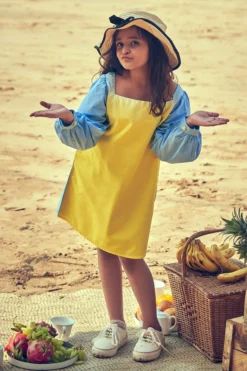 Little Luxury Yellow & Blue Cotton Ombre Dress For Girls