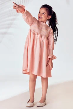 Little Luxury Powder Pink Cotton Pleated Dress For Girls