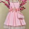 Little Vogue Club Blush Pink High-Low Dress With Bag For Girls