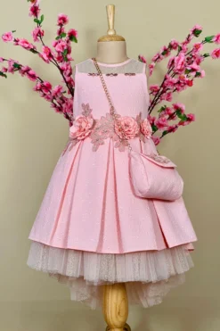 Little Vogue Club Blush Pink High-Low Dress With Bag For Girls