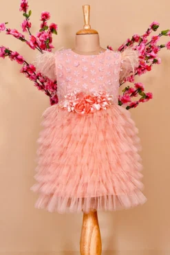Little Vogue Club Peach Cotton Polyester Dress For Girls