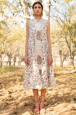Marche White Hand Block Printed Midi Dress