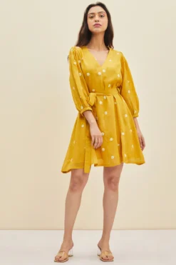 Meadow Daffodil Yellow Hand Embroidered A-Line Dress