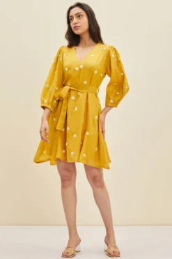 Meadow Daffodil Yellow Hand Embroidered A-Line Dress -AOZA Wear Style Shop MEWC0322104 4