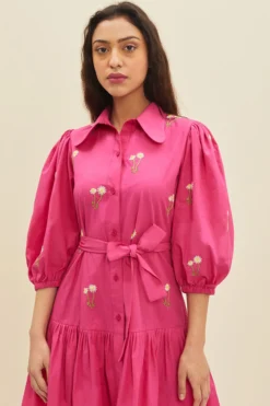 Meadow Fuchsia Hand Embroidered Knee-Length Dress -AOZA Wear Style Shop MEWC032290 3