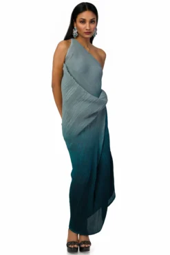 Meghna Shah Grey & Dark Blue Chinon One-Shoulder Dress